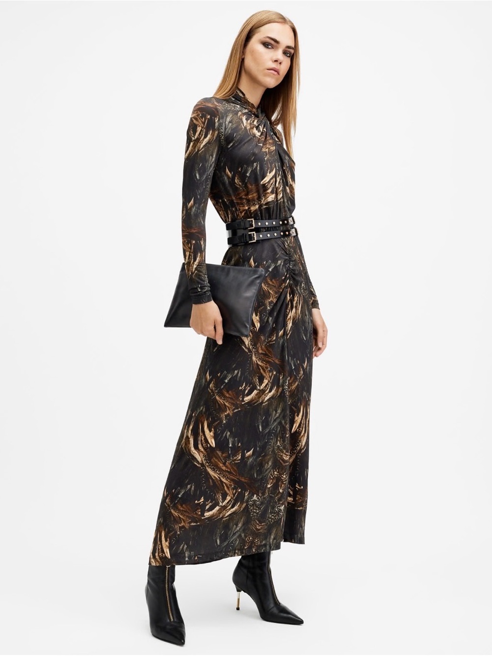 AllSaints MINA Black and Gold FEATHER Brushstroke Maxi Dress-LIKE NEW